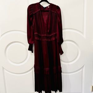 TAHARI BURGUNDY BALLON LONG SLEEVES WOMENS MIDI SMOKED fall winter DRESS XL